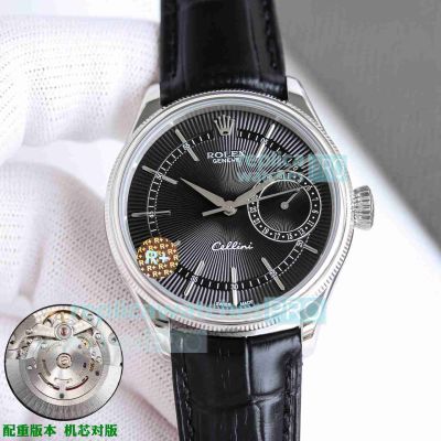 R+ Factory Swiss Replica Gain Weight Rolex Cellini Date 39 Black Leather Strap Watch 